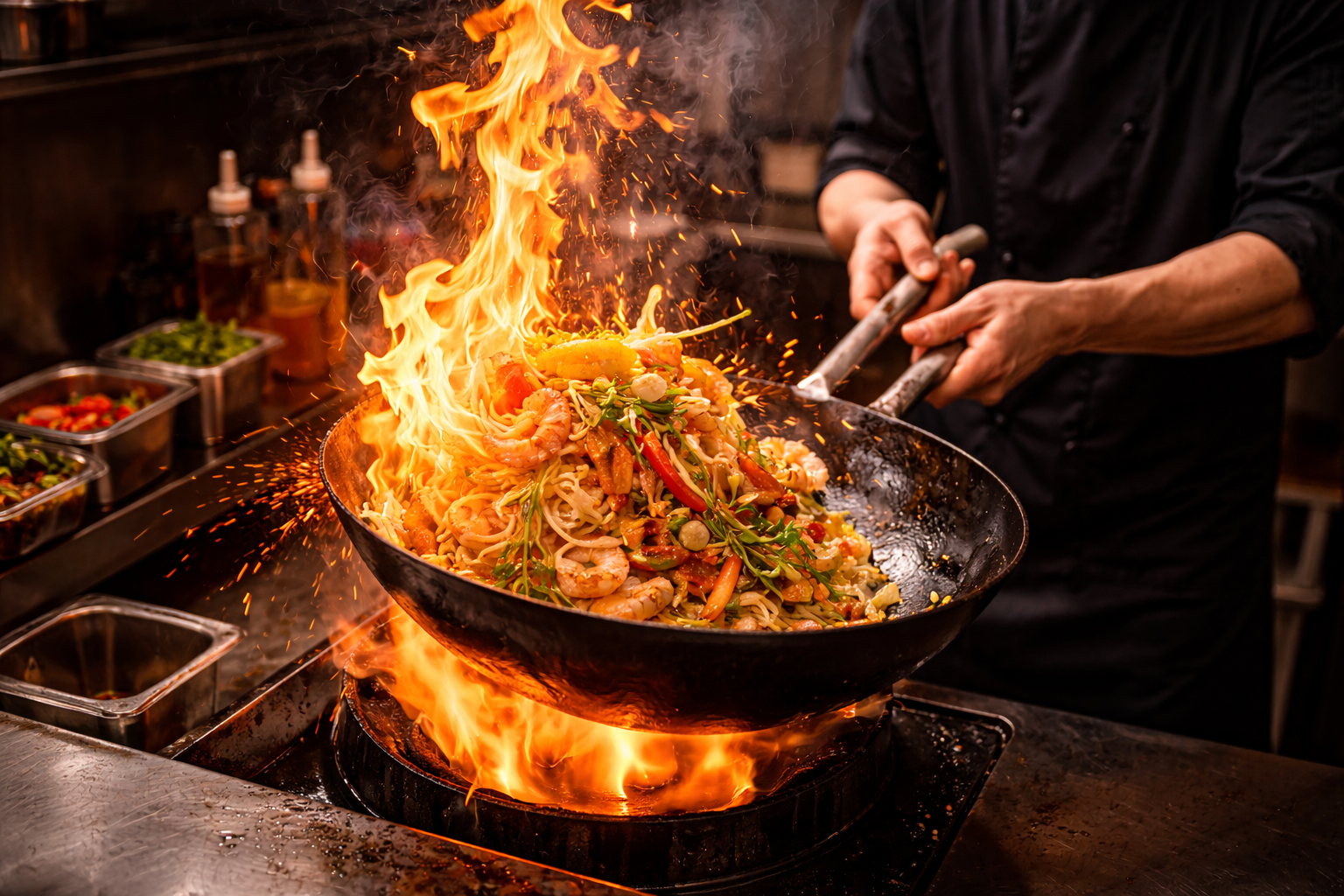 炎が上がる中華鍋